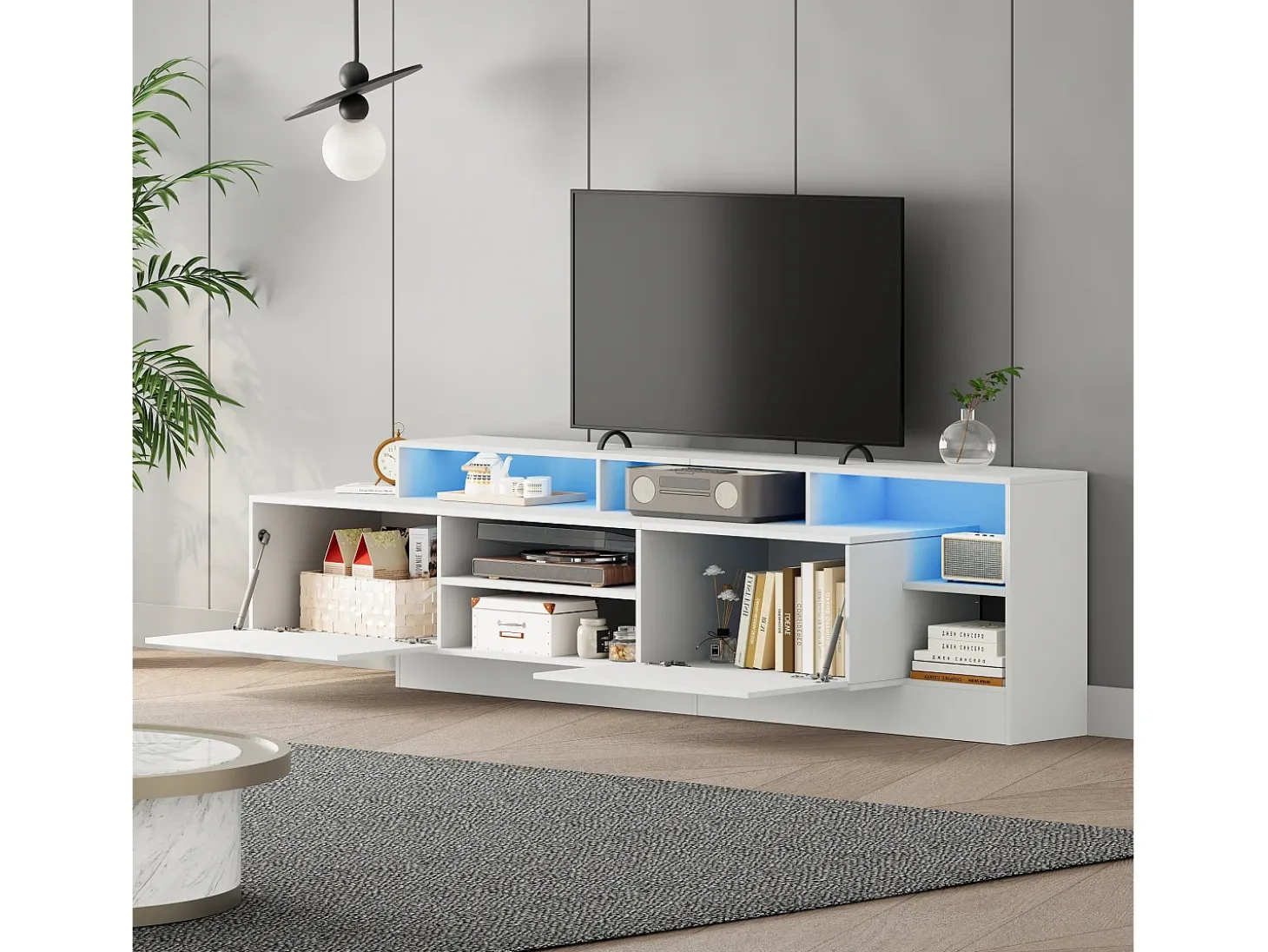 Móvel para TV 190x40x48,5 cm - com iluminação LED - 2 portas basculantes - Espaço de armazenamento aberto - Acabamento brilhante - Branco