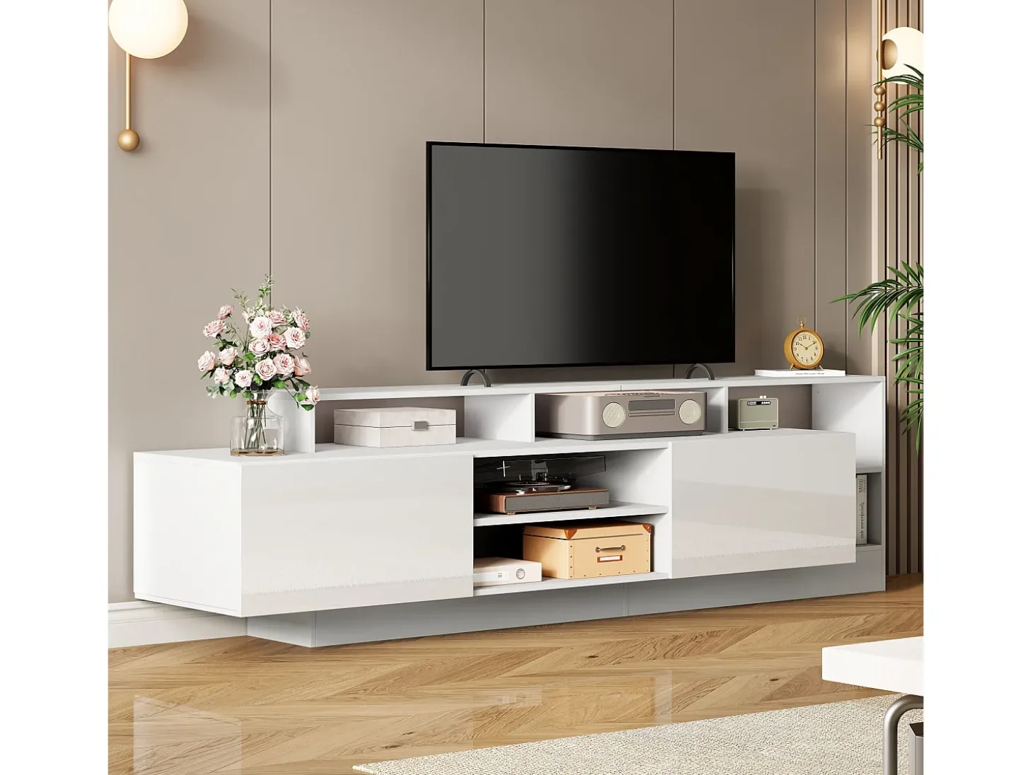 Móvel para TV 190x40x48,5 cm - com iluminação LED - 2 portas basculantes - Espaço de armazenamento aberto - Acabamento brilhante - Branco