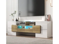 Móvel para TV 145x30x51 cm - com iluminação LED - 4 portas - 2 gavetas - prateleiras - branco+natural