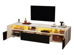 Móvel para TV 180x38,5x45 cm - com iluminação LED - 2 gavetas e 2 portas - Prateleiras abertas - Acabamento brilhante - Branco + preto