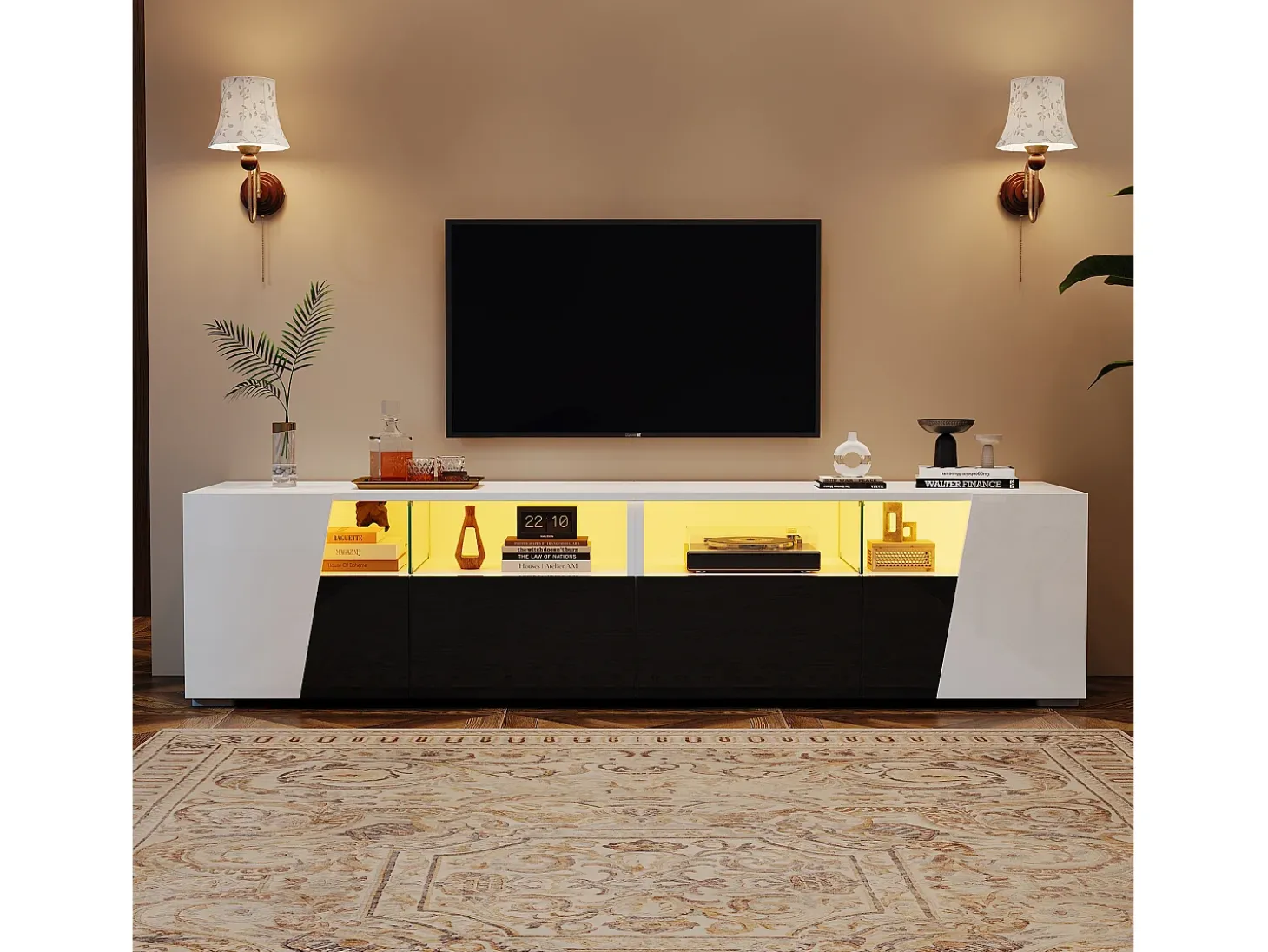 Móvel para TV 180x38,5x45 cm - com iluminação LED - 2 gavetas e 2 portas - Prateleiras abertas - Acabamento brilhante - Branco + preto