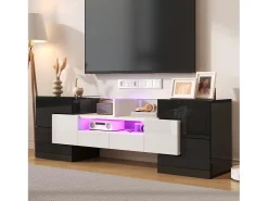 Móvel para TV 145x30x51 cm - com iluminação LED - 4 portas - 2 gavetas - prateleiras - branco+preto