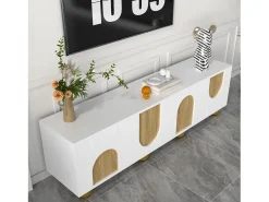 Móvel para TV 175x38x50cm - 4 portas - aspecto madeira vintage - Pés de madeira - MDF + painéis de partículas - Branco e natural