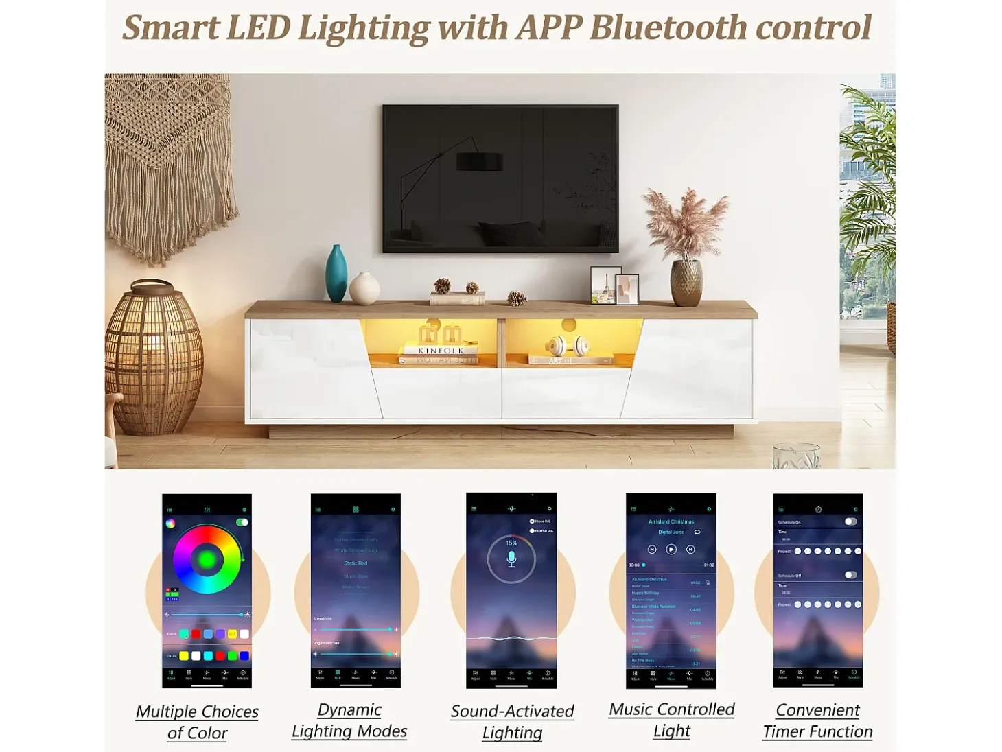 Móvel para TV 180x40x46cm - com 2 gavetas e 2 portas - com iluminação LED - acabamento brilhante - Branco + natural