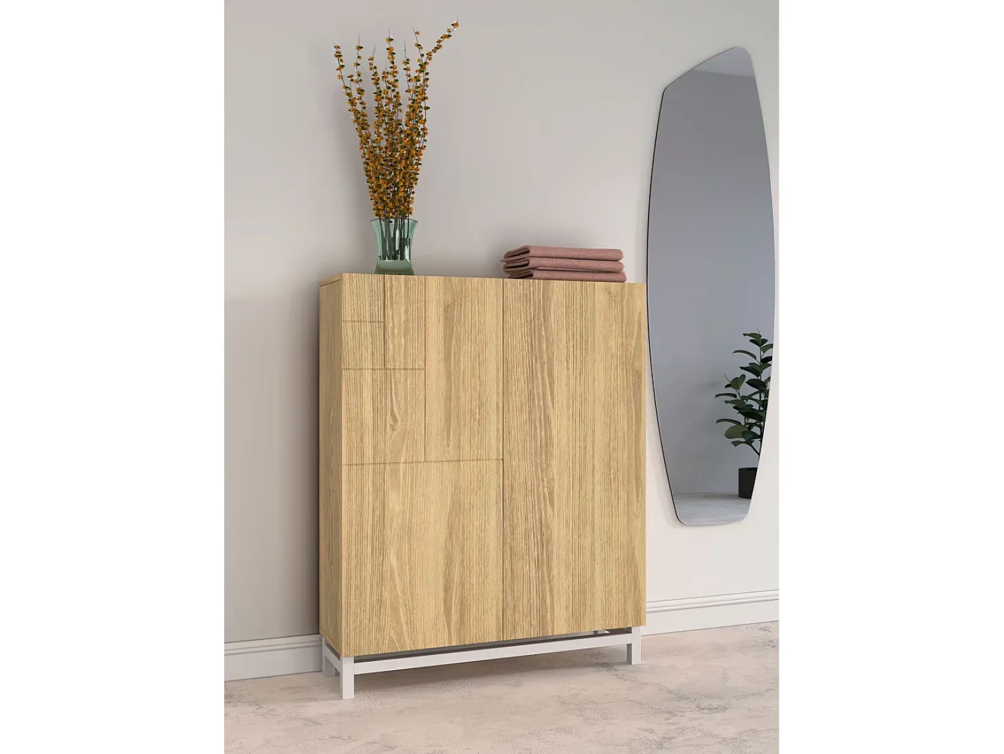Móvel sapateira/armário - A112cm x C90cm x P27cm carvalho dourado pés branco - Volda