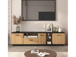 Móvel TV 180 cm - 3 portas, 3 nichos e 1 gaveta - LEDs - cores natural e preto