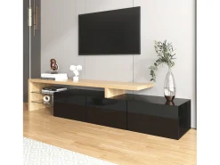 Móvel TV 200 cm - 3 portas e 2 compartimentos em vidro - estilo moderno - Preto e Natural