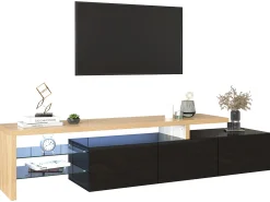 Móvel TV 200 cm - 3 portas e 2 compartimentos em vidro - estilo moderno - Preto e Natural