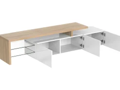Móvel TV 200 cm - 3 portas e 2 compartimentos em vidro - estilo moderno - Branco e Natural