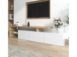 Móvel TV 200 cm - 3 portas e 2 compartimentos em vidro - estilo moderno - Branco e Natural