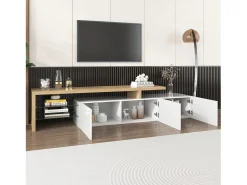 Móvel TV 200 cm - 3 portas e 2 compartimentos em vidro - estilo moderno - Branco e Natural