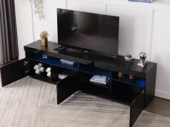 Móvel TV 180 cm - 3 portas e 3 nichos - LEDs - lacado preto brilhante