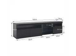 Móvel TV 180 cm - 3 portas e 3 nichos - LEDs - lacado preto brilhante