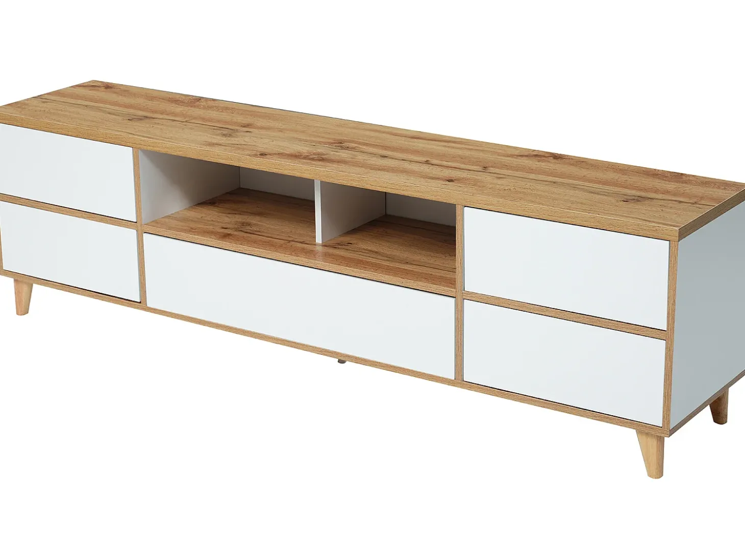 Móvel TV 175 cm - 5 portas e 2 nichos - MDF - branco e cor natural