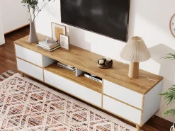 Móvel TV 175 cm - 5 portas e 2 nichos - MDF - branco e cor natural