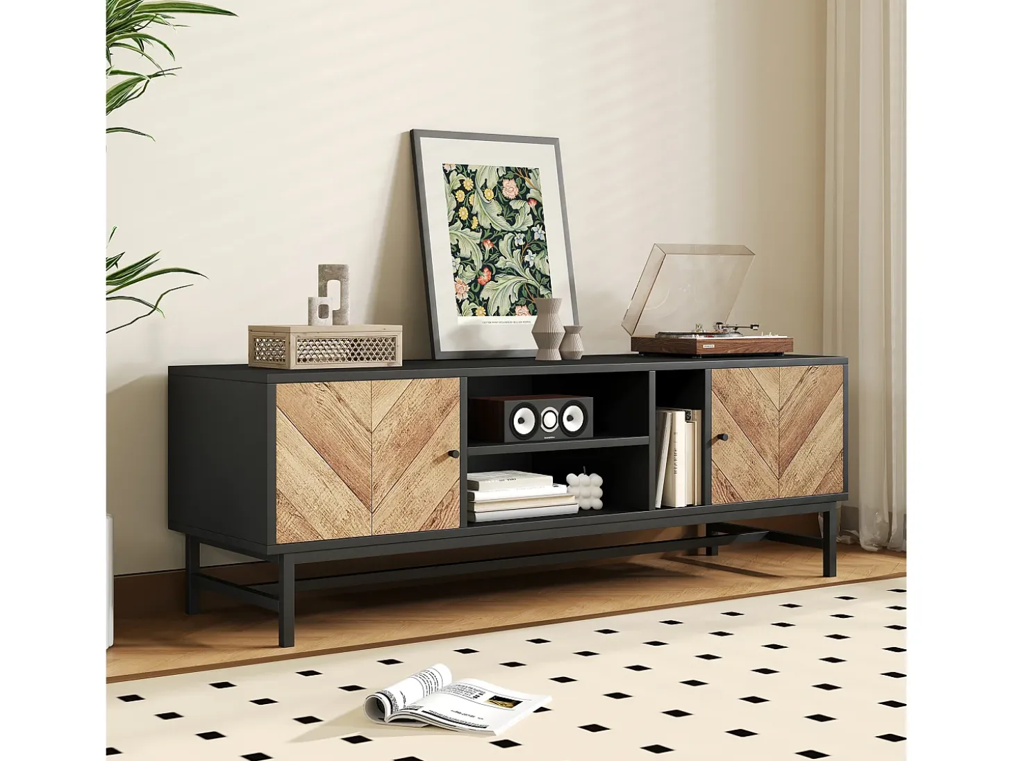 Móvel TV 150 cm com 2 portas e 3 compartimentos - Aglomerado e metal - Preto e cor natural