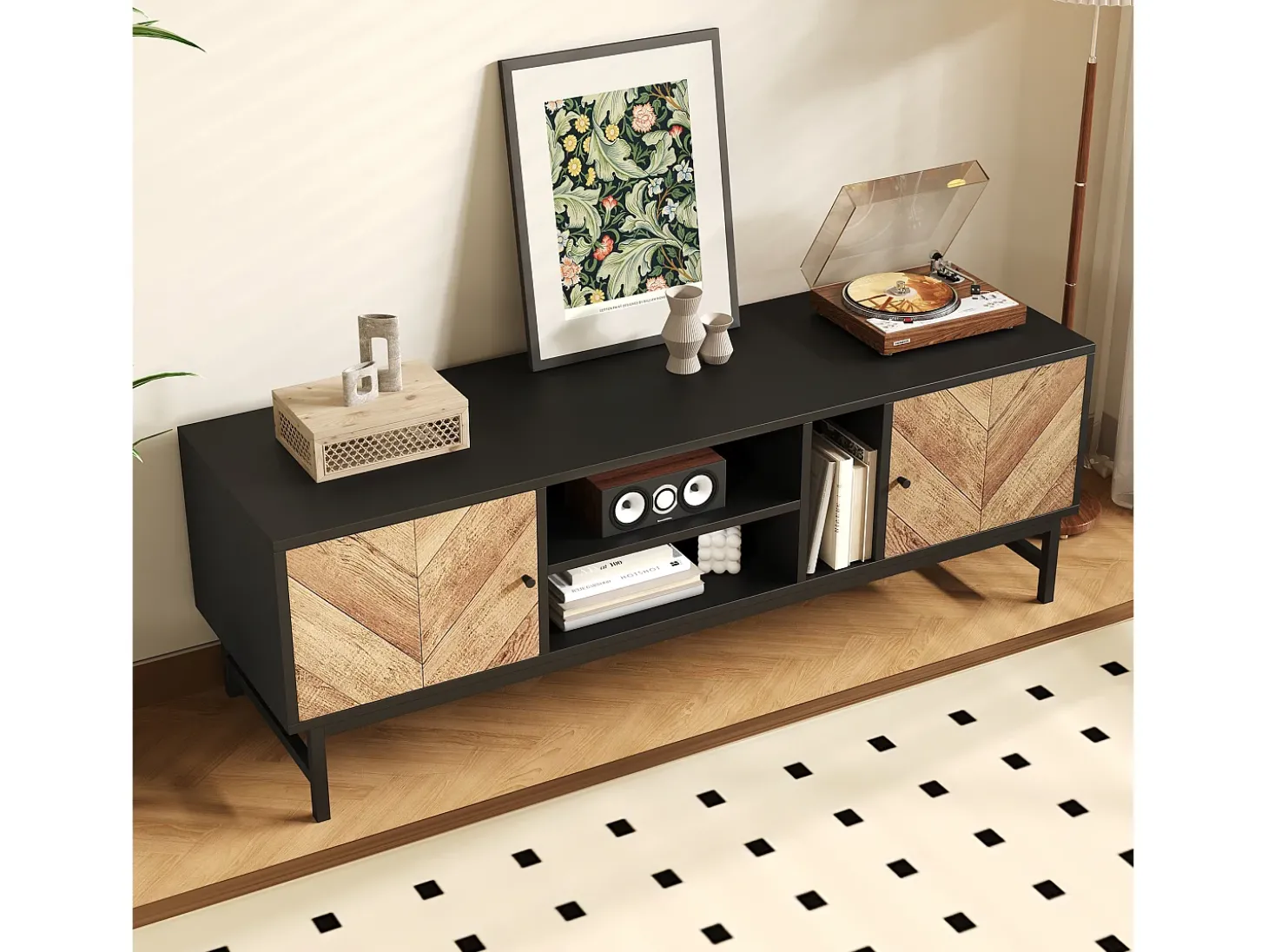Móvel TV 150 cm com 2 portas e 3 compartimentos - Aglomerado e metal - Preto e cor natural