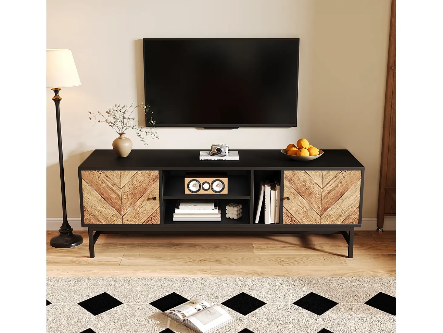 Móvel TV 150 cm com 2 portas e 3 compartimentos - Aglomerado e metal - Preto e cor natural