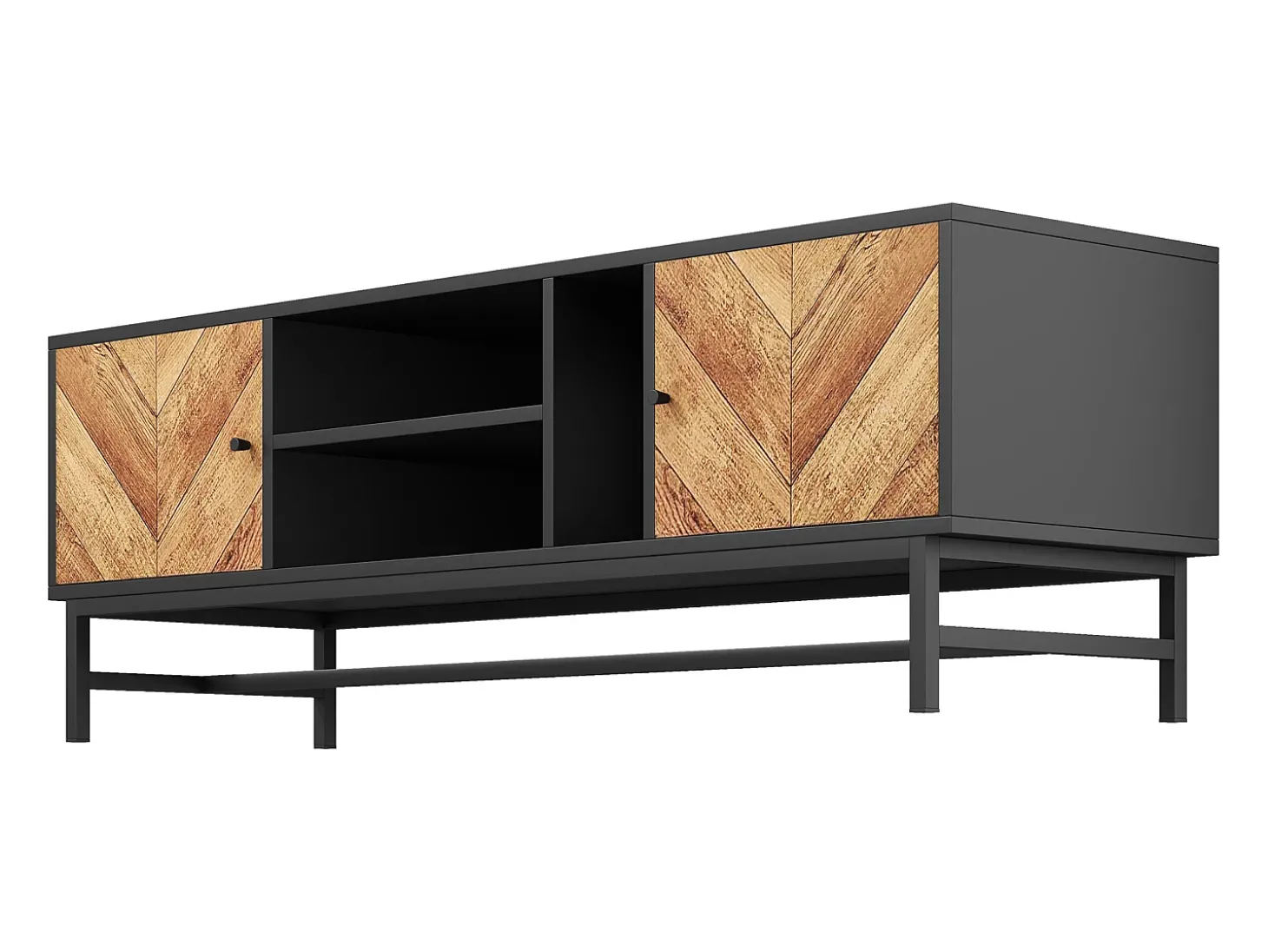 Móvel TV 150 cm com 2 portas e 3 compartimentos - Aglomerado e metal - Preto e cor natural
