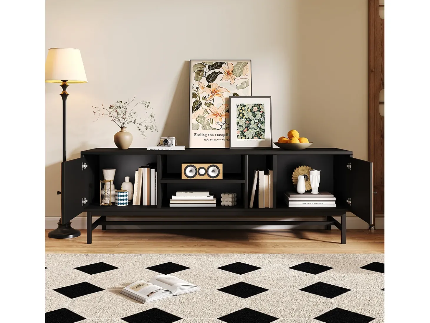 Móvel TV 150 cm com 2 portas e 3 compartimentos - Aglomerado e metal - Preto e cor natural