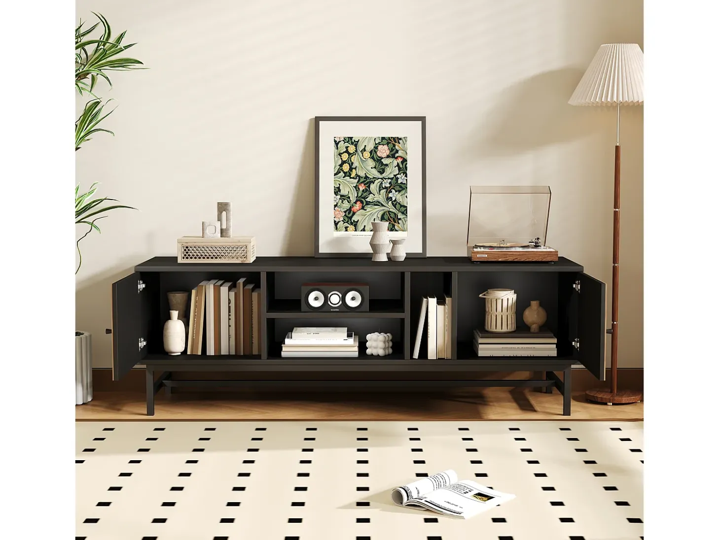Móvel TV 150 cm com 2 portas e 3 compartimentos - Aglomerado e metal - Preto e cor natural