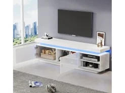 Móvel TV 170 cm com 2 portas e 2 prateleiras - LEDs - Aglomerado - Branco brilhante