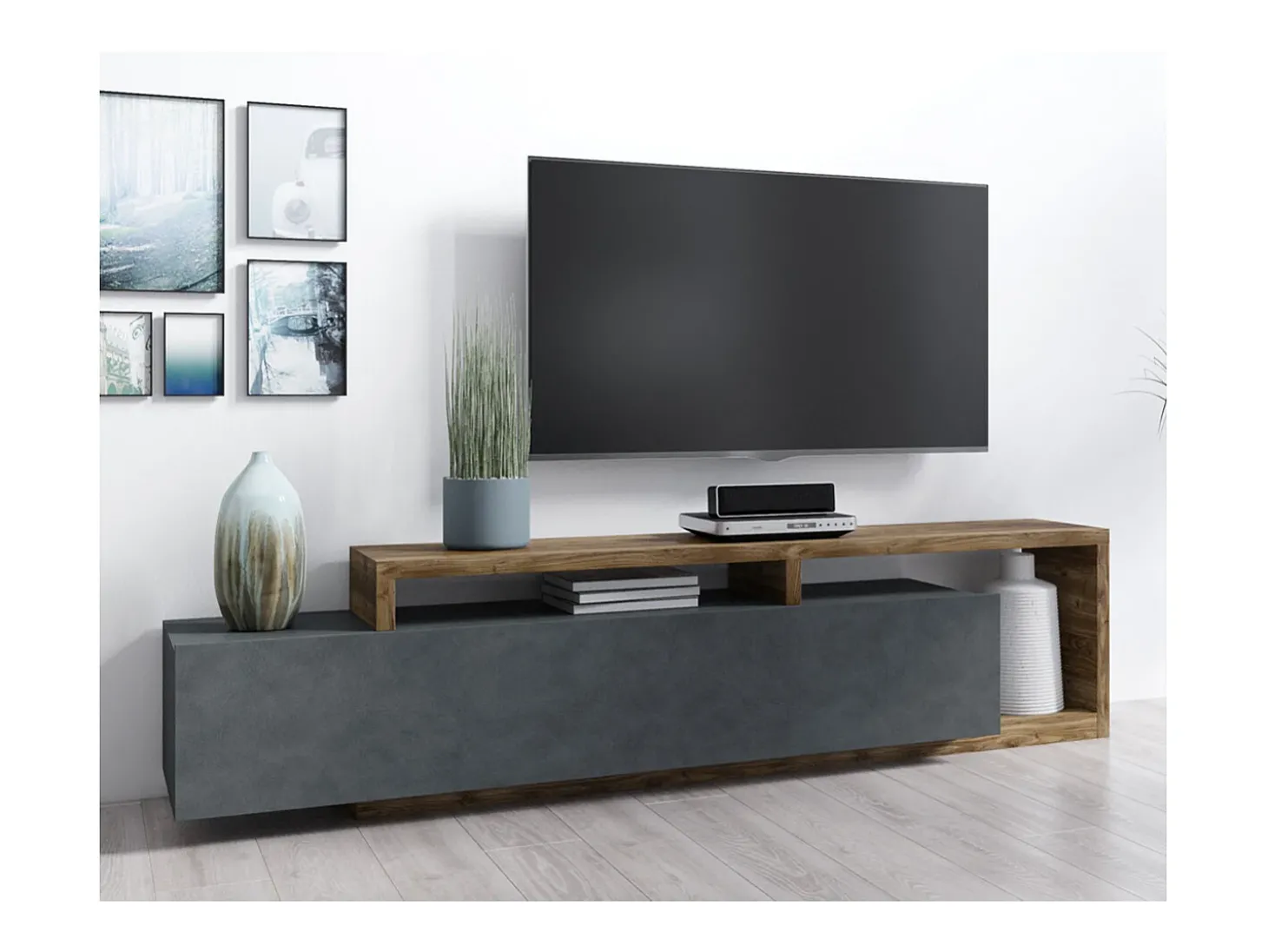 Móvel TV 1 gaveta Ilyes cinzento e madeira 219cm