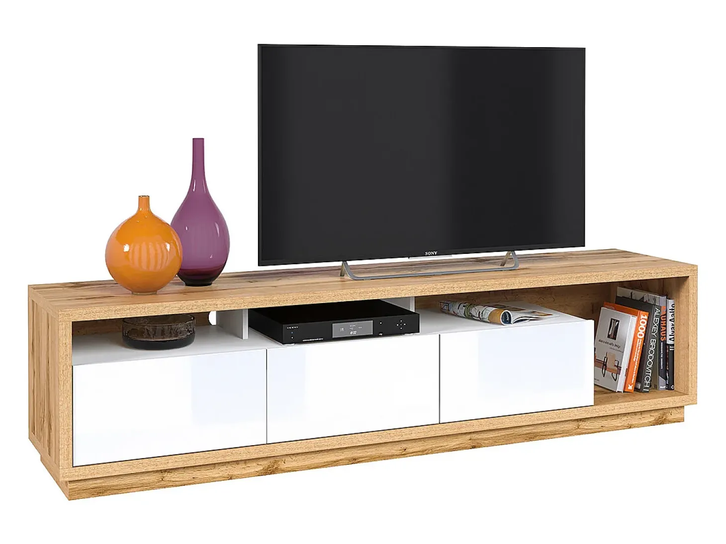 Móvel TV 3 gavetas Asten branco e madeira 200cm