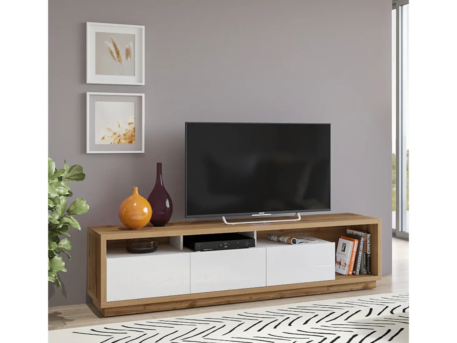 Móvel TV 3 gavetas Asten branco e madeira 200cm