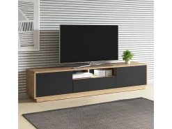 Móvel TV 2 portas 1 gaveta Raven preto mate e madeira 200cm