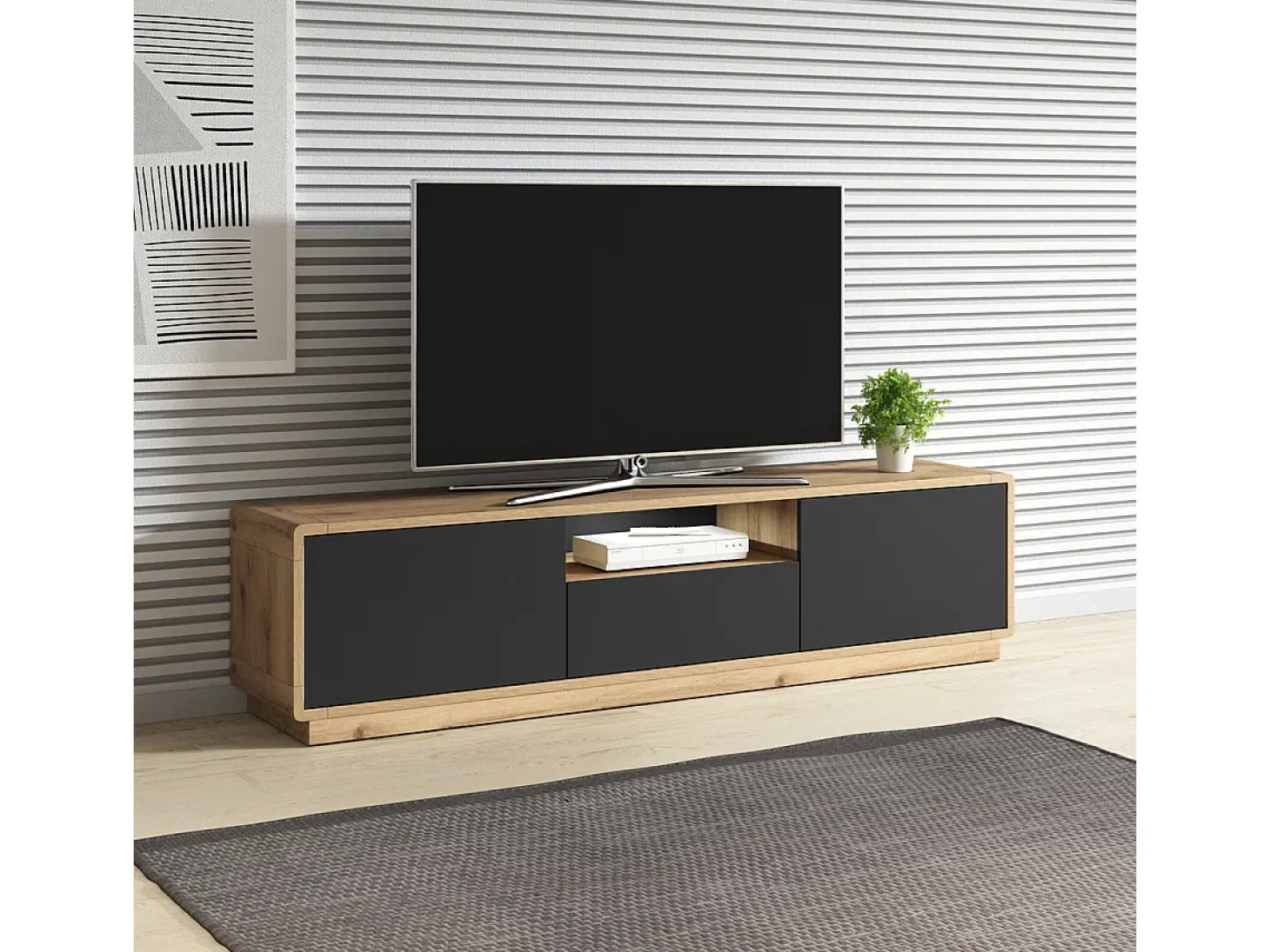 Móvel TV 2 portas 1 gaveta Raven preto mate e madeira 180cm
