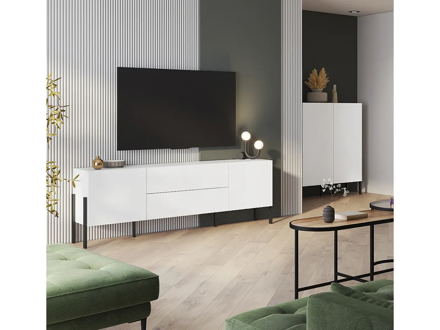 Móvel TV 2 portas 2 gavetas Bérénice branco mate e preto 204cm