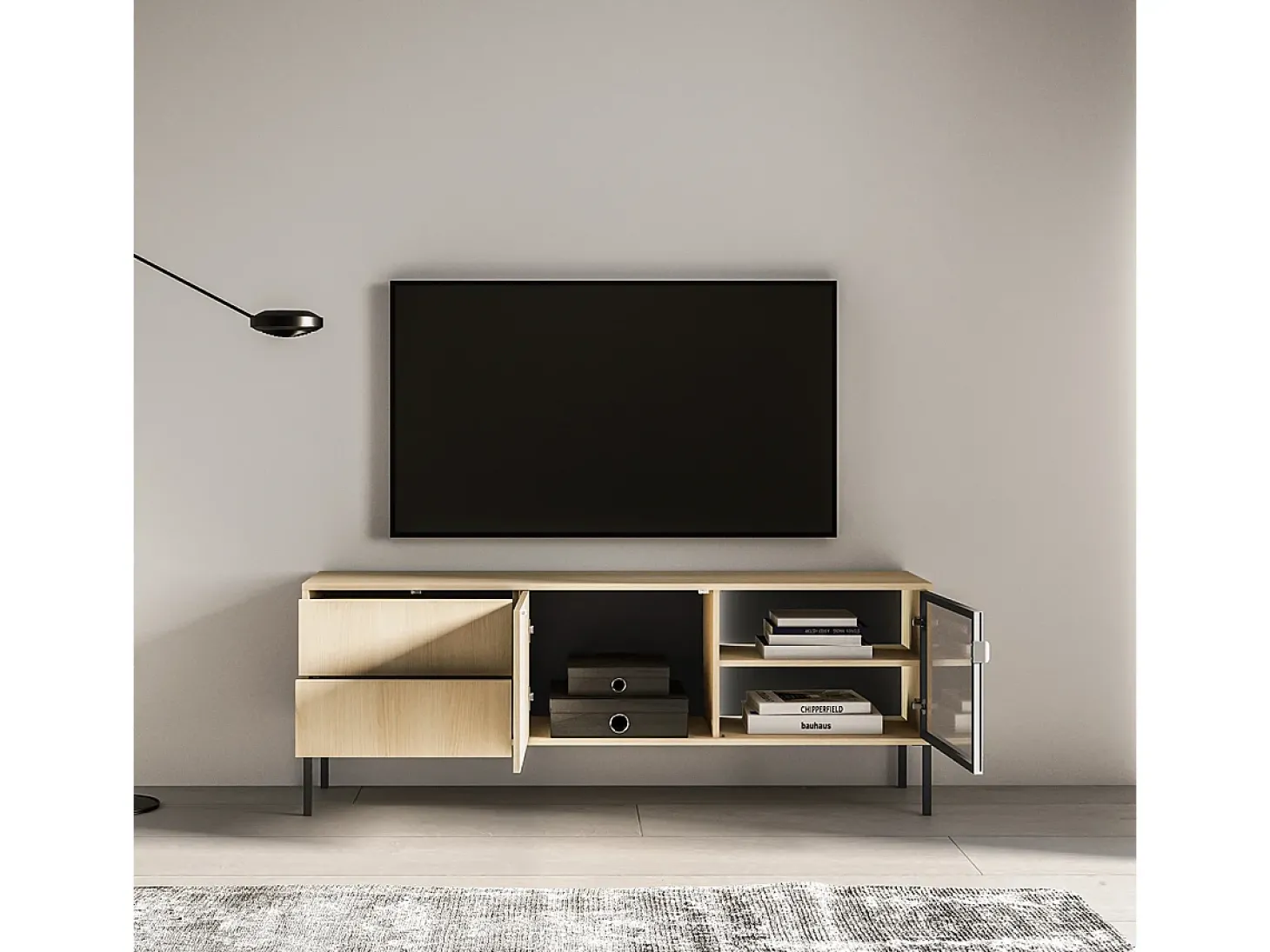 Móvel TV 2 portas 2 gavetas Paige madeira e preto 160cm
