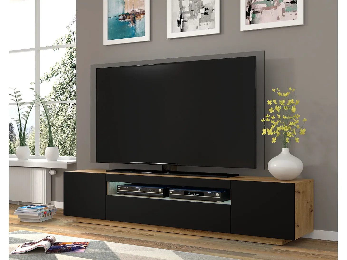 Móvel TV 3 portas Aurus madeira e preto 200cm