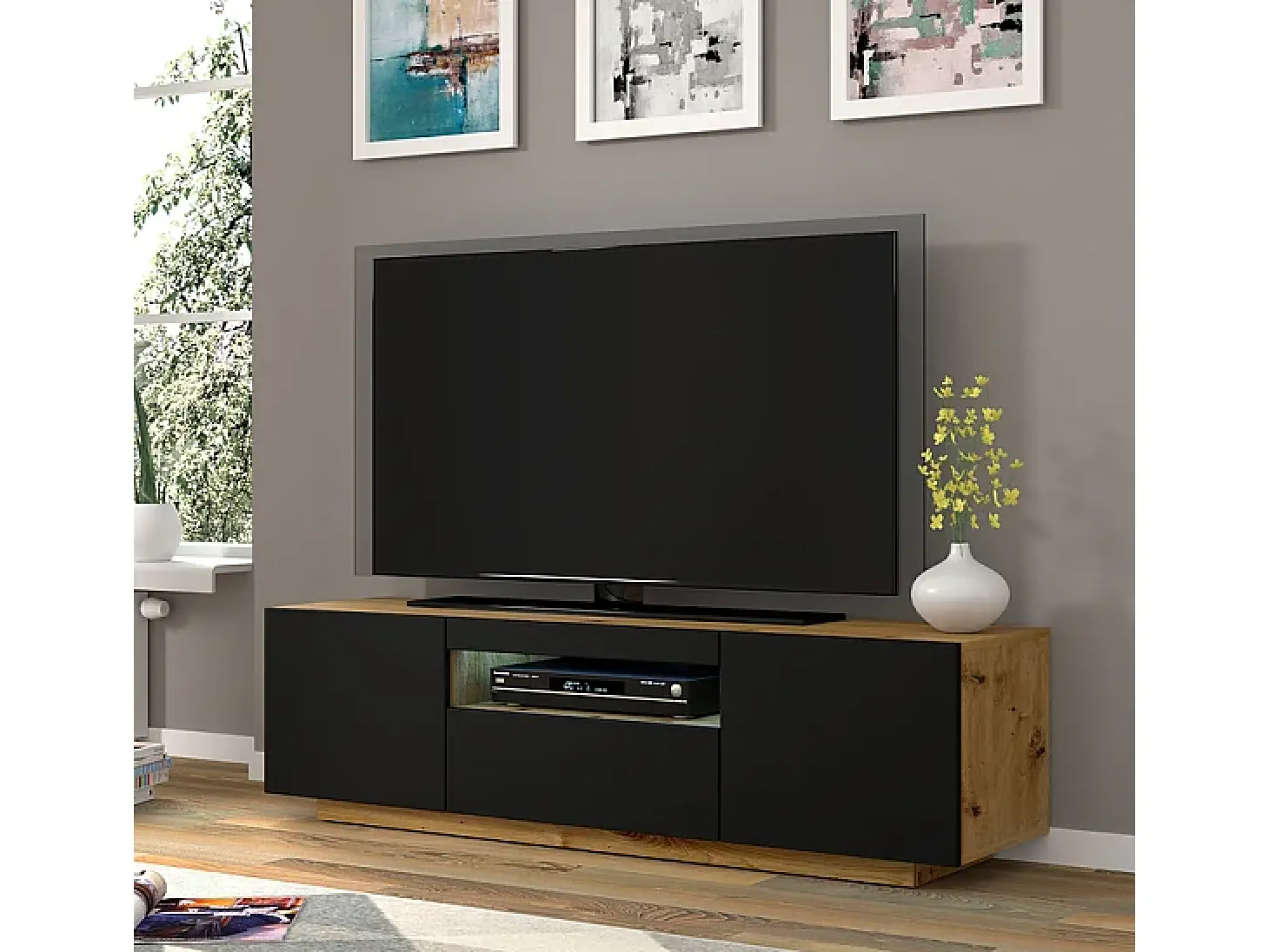 Móvel TV 3 portas Aurus madeira e preto 150cm