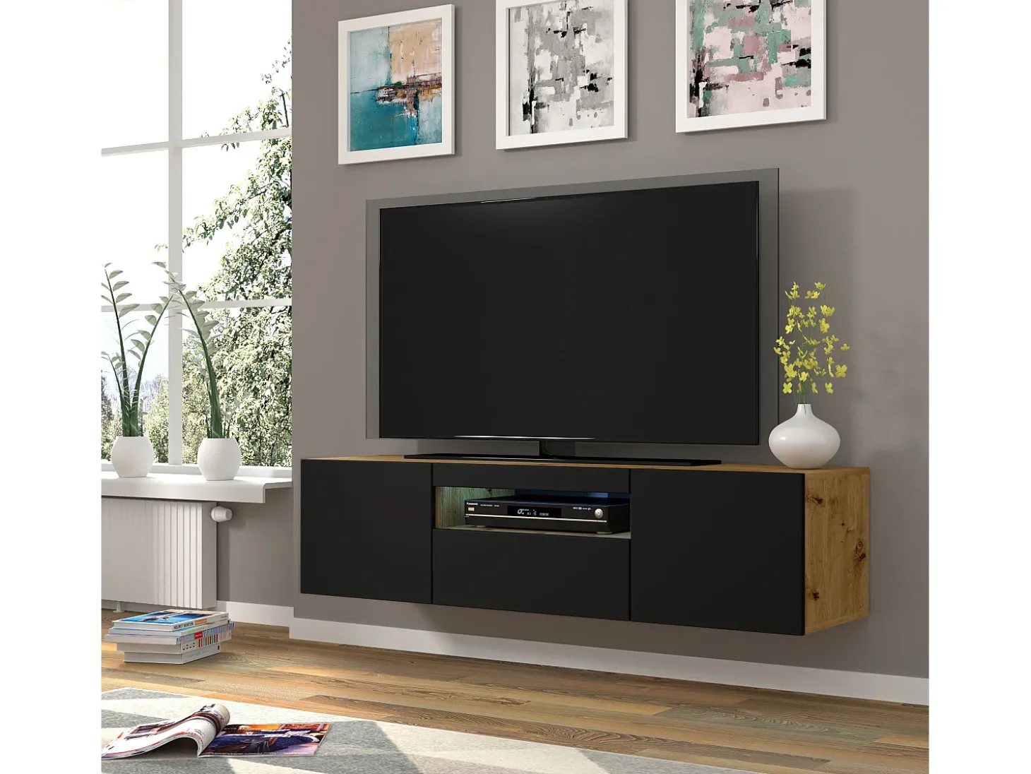 Móvel TV 3 portas Aurus madeira e preto 150cm