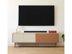 Móvel TV 2 portas e 2 gavetas pé ferro lacado areia 180x56 cm