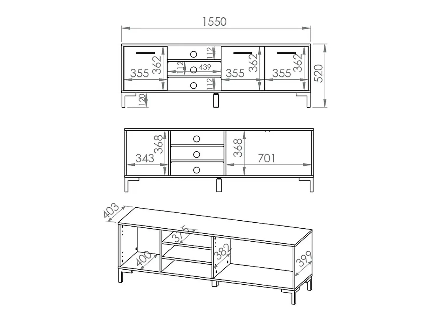 Móvel TV 3 portas Liora madeira 155cm