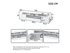 Móvel TV branco com 2 portas, LED e 1 gaveta, arrumação multicamada 180x38x45cm