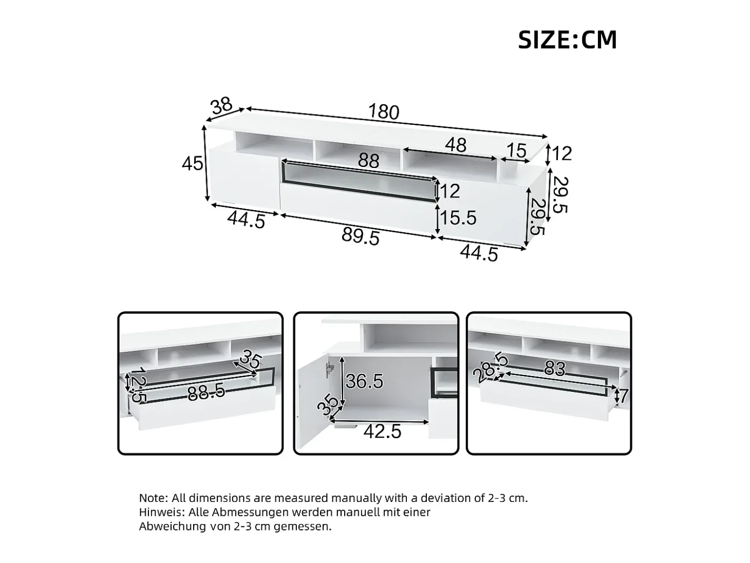Móvel TV branco com 2 portas, LED e 1 gaveta, arrumação multicamada 180x38x45cm
