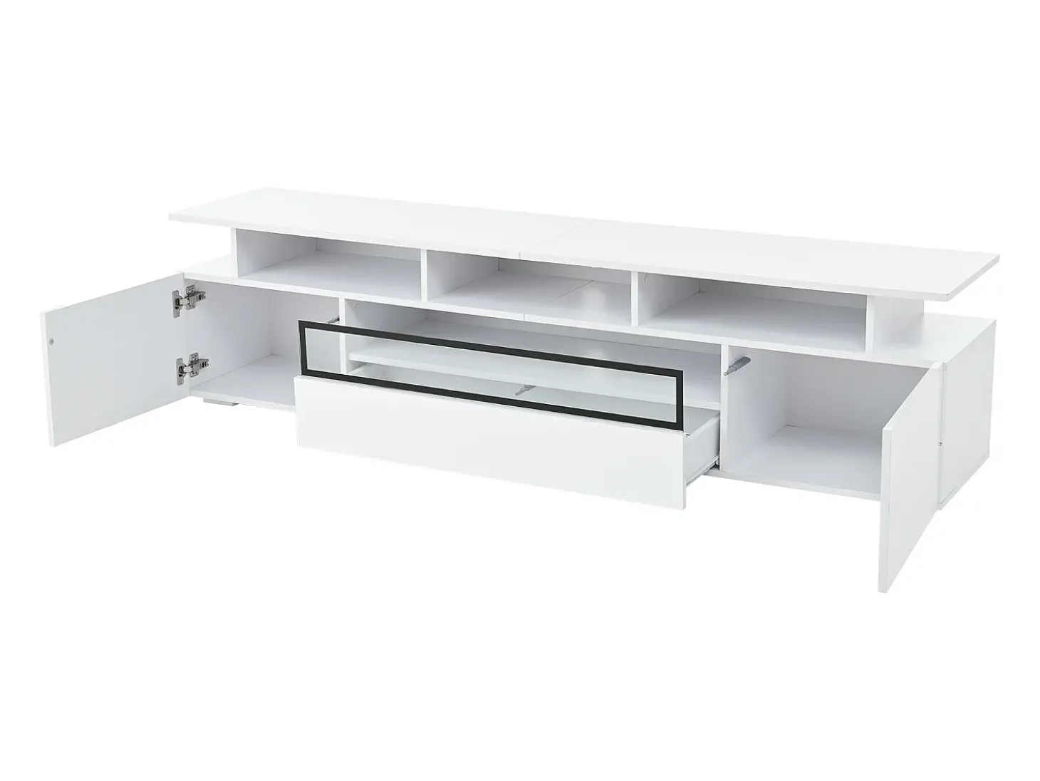 Móvel TV branco com 2 portas, LED e 1 gaveta, arrumação multicamada 180x38x45cm