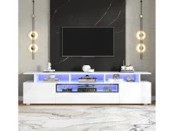 Móvel TV branco com 2 portas, LED e 1 gaveta, arrumação multicamada 180x38x45cm