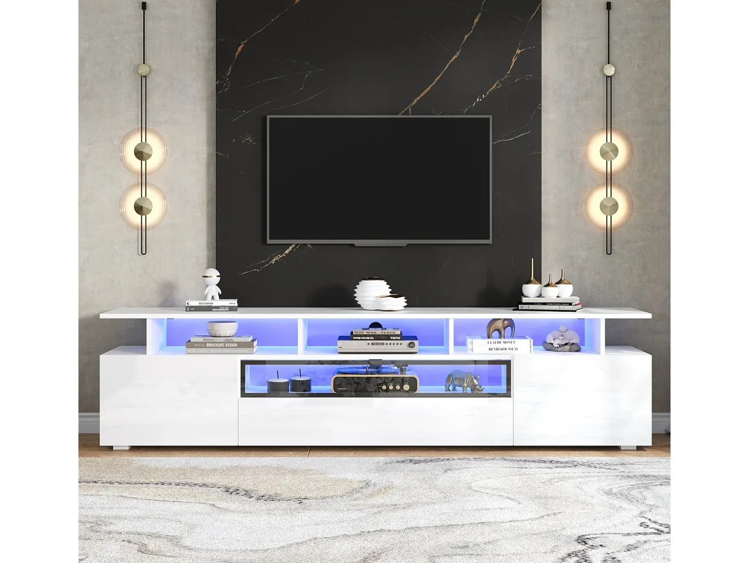 Móvel TV branco com 2 portas, LED e 1 gaveta, arrumação multicamada 180x38x45cm