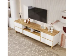 Móvel TV branco e madeira com 5 portas, 175x37x51 cm, MDF
