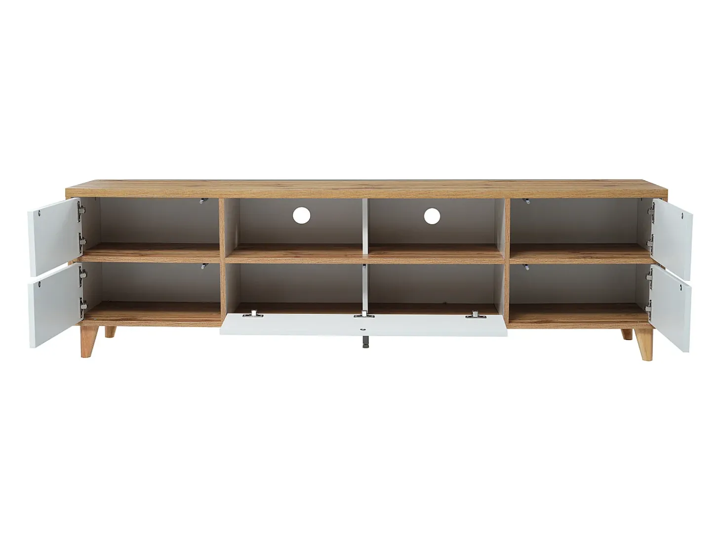 Móvel TV branco e madeira com 5 portas, 175x37x51 cm, MDF