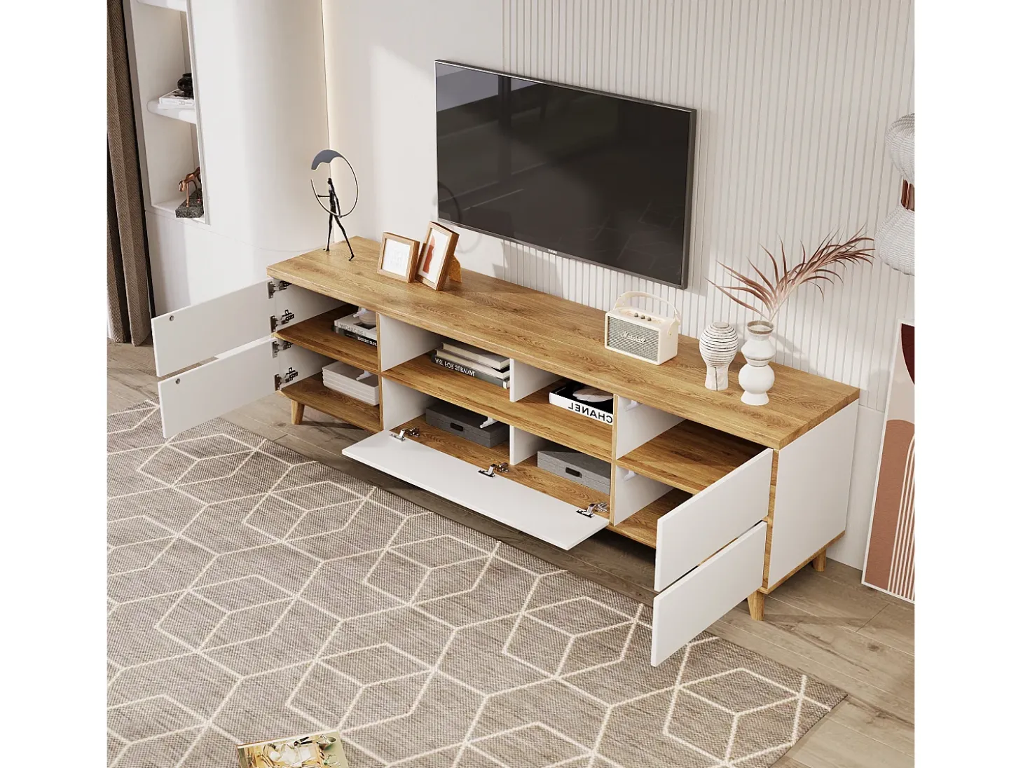 Móvel TV branco e madeira com 5 portas, 175x37x51 cm, MDF