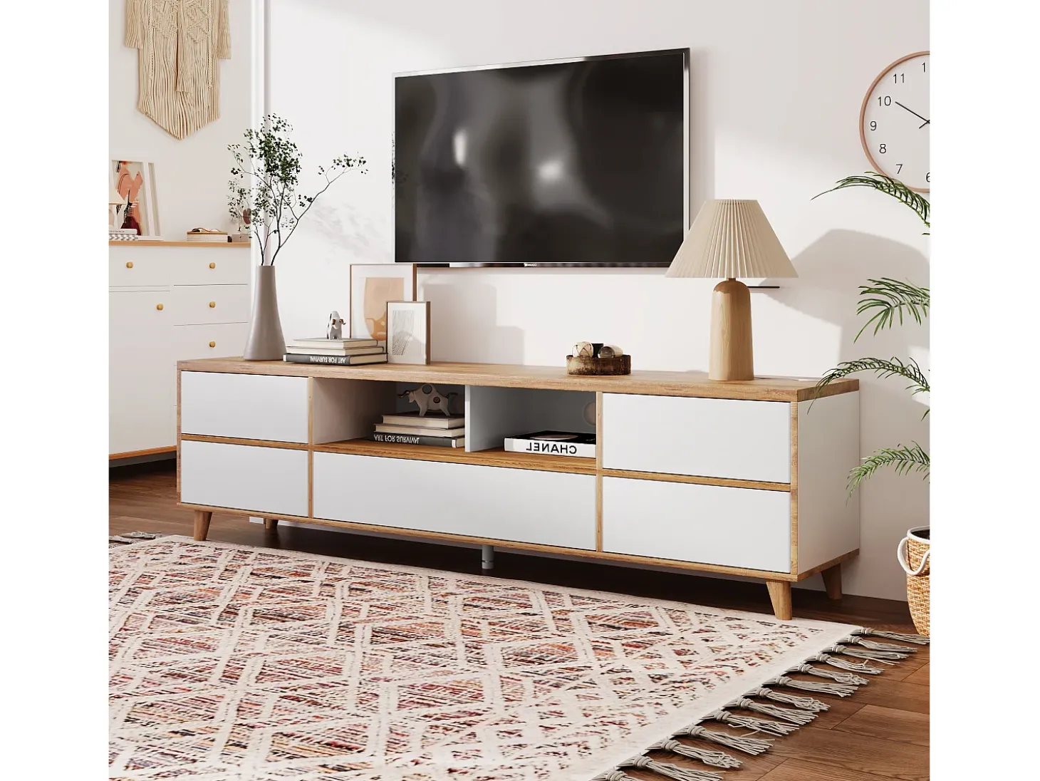 Móvel TV branco e madeira com 5 portas, 175x37x51 cm, MDF