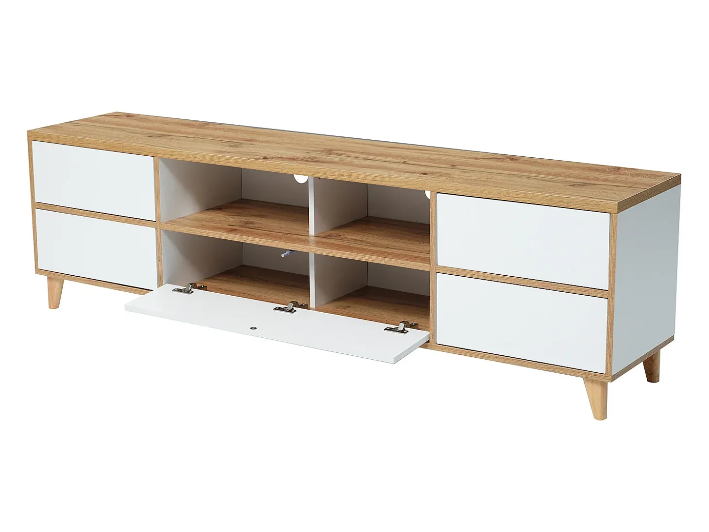 Móvel TV branco e madeira com 5 portas, 175x37x51 cm, MDF