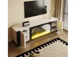 Móvel TV branco e preto com 2 portas, efeito chama, 165x55x32 cm