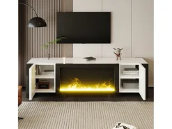 Móvel TV branco e preto com 2 portas, efeito chama, 165x55x32 cm